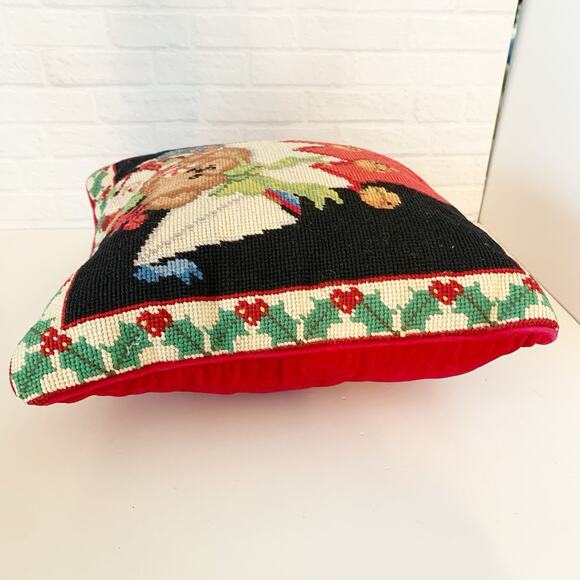 VTG Christmas Bear In Stocking Needlepoint Holiday Throw Pillow Red Velvet 12" - Picture 3 of 6